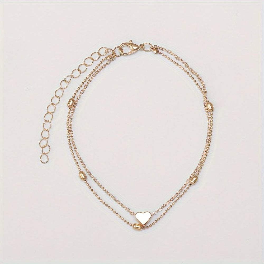 1pc, Elegant Double-Layer Heart Charm Anklet, Vintage Multi-tier Alloy Foot Jewelry, Beach Anklets For Women, Fashion Accessories