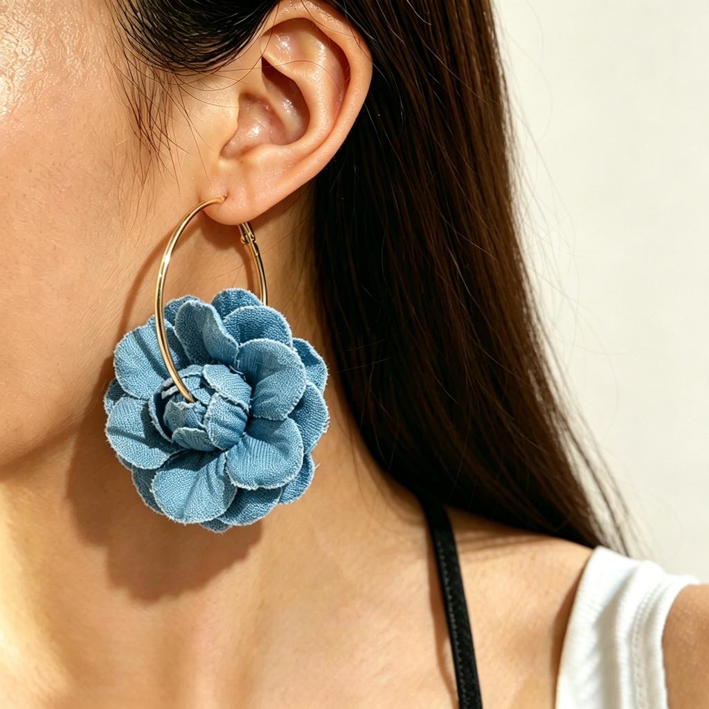 European and American fashion women's earrings, geometric three-dimensional handmade denim flower design earrings, versatile and high-end earrings