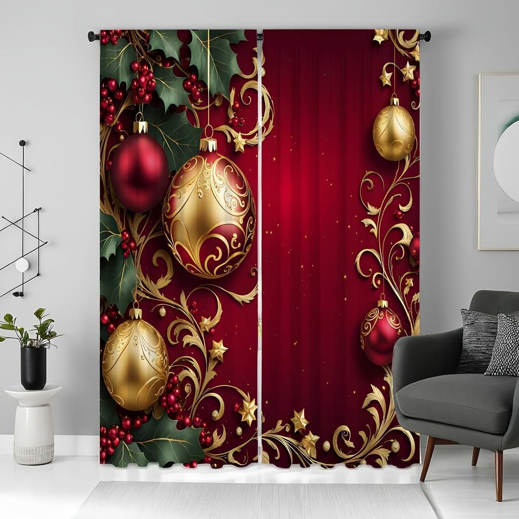 2pcs Set of Festive Christmas Curtains with Red Green Ornaments Digital Printed, Rod Pocket Design for Living Room Bedroom Decor