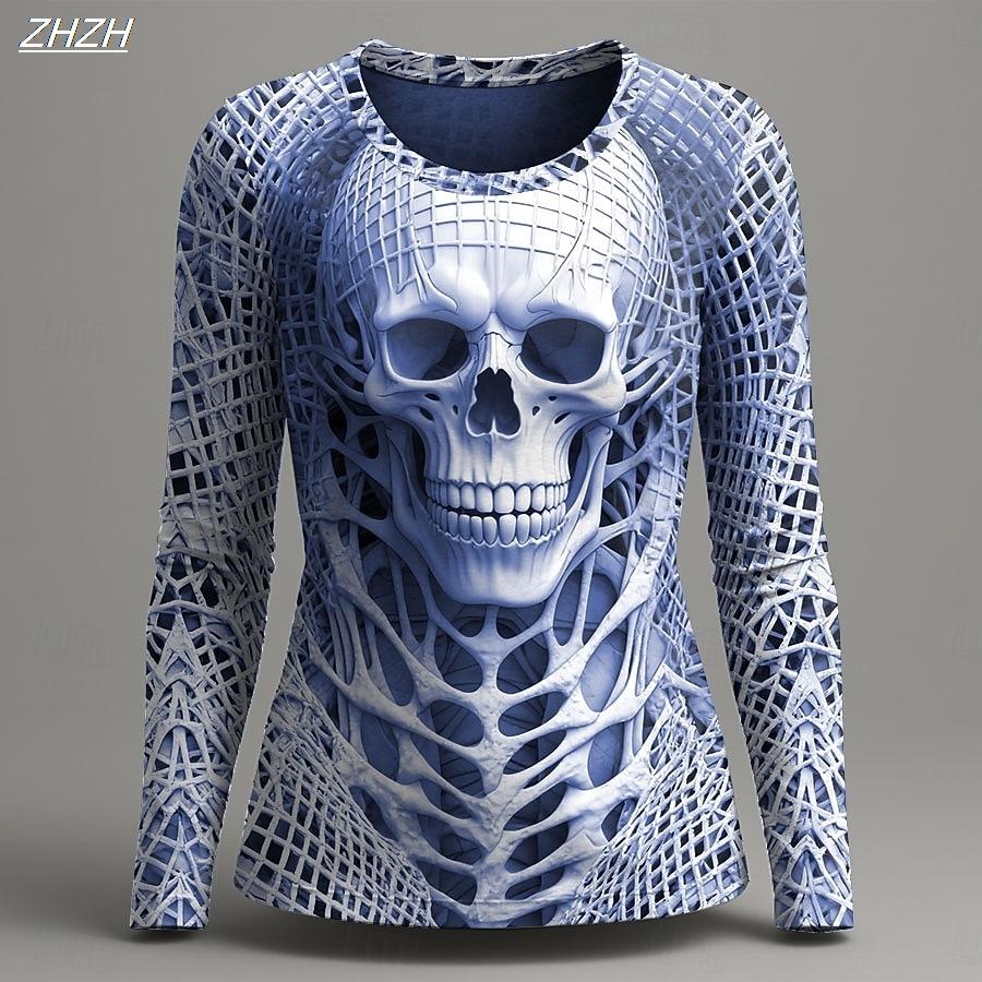 Women's Vintage Skeleton Print Long Sleeve, Gothic Graphic Round Neck Tops, Alternative Fashion Style, Spring Fall Casual Wear