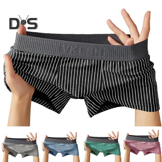 Men Boxer Underwear Mid-rise Striped Print Patchwork Color Thin Shorts Briefs Quick Drying U-convex Panties