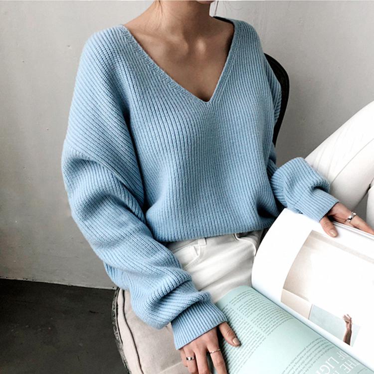 Herbst V-ausschnitt Minimalistischen Tops Übergroßen Koreanischen Unregelmäßigen Saum Gestrickte Chic Casual frauen Strickwaren Pullover