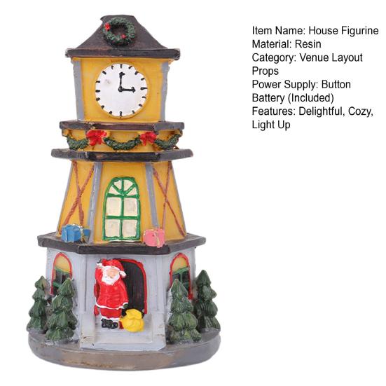 Christmas Village House Figurine LED Light Up Clock Tower Ornament Resin Tabletop Decoration for Holiday Winter Home Decor