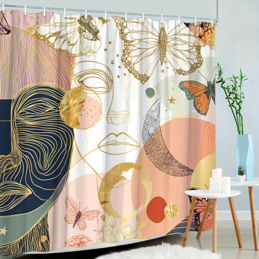Eleganter Abstraktes Gesicht & Schmetterling Druck Wasserdichter Duschvorhang, Gold & Pastell Design High-End Toilettenabtrennungsvorhang