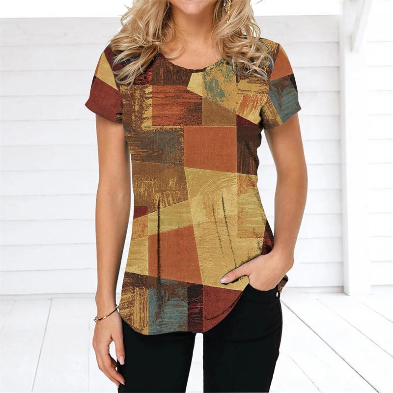 Colorful Splicing Pattern T-Shirt For Women Geometry 3D Printed Tees Summer Harajuku Loose Tops Round Neck T Shirts Short Sleeve