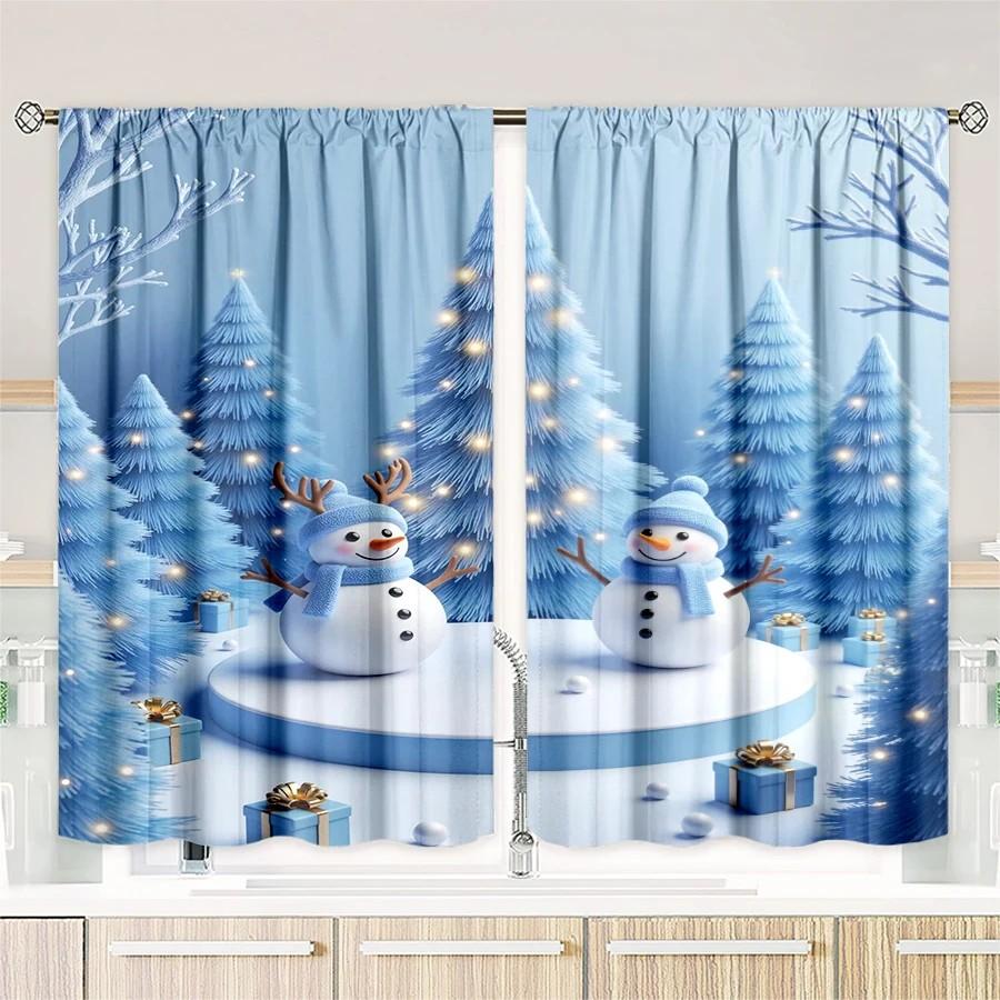 

JIT 2pcs Snowy Tree Snowman Printed Curtain Rod Pocket Sheer Voile for Christmas Window Decor Home Decor 100*130 Rod Pocket 1pcs