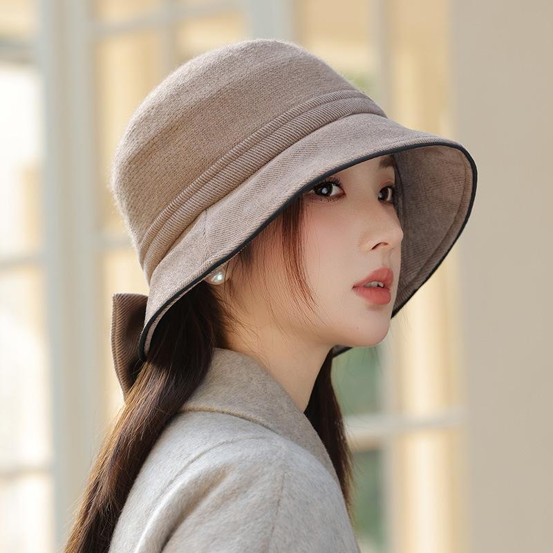 New Autumn and Winter Hat for Women with Big Brim Showing Face Small Fisherman's Hat Retro Versatile Basin Hat Korean Style Bow Bucket Hat