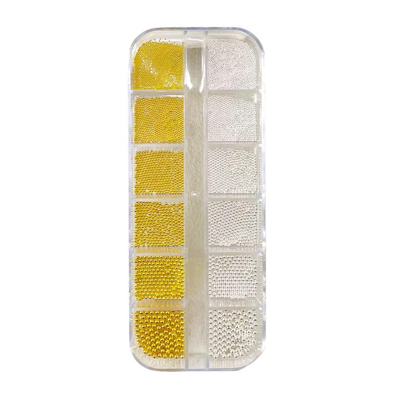 12-Grid Mini Steel Beads Nail Art: Mixed Size Gold & Silver Rhinestones (0.8mm)