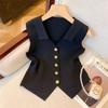 Fransk temperament V-hals Single Breasted ermeløs slim strikket vest for kvinner