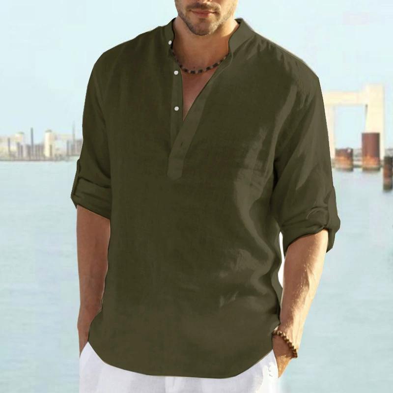 Men's Casual Short Sleeve Linen Shirt Summer Lightweight Breathable Band Collar Beach Hippie Tee Shirts Loose Fit Work Pullover Shirt