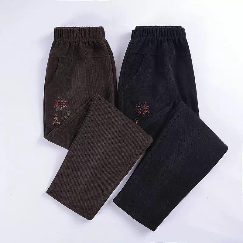 Women's Plus Size High Waist Corduroy Pants for Middle-aged & Elderly - Autumn/Winter, Thickened Velvet, Straight Leg, Mom & Grandma Fit
