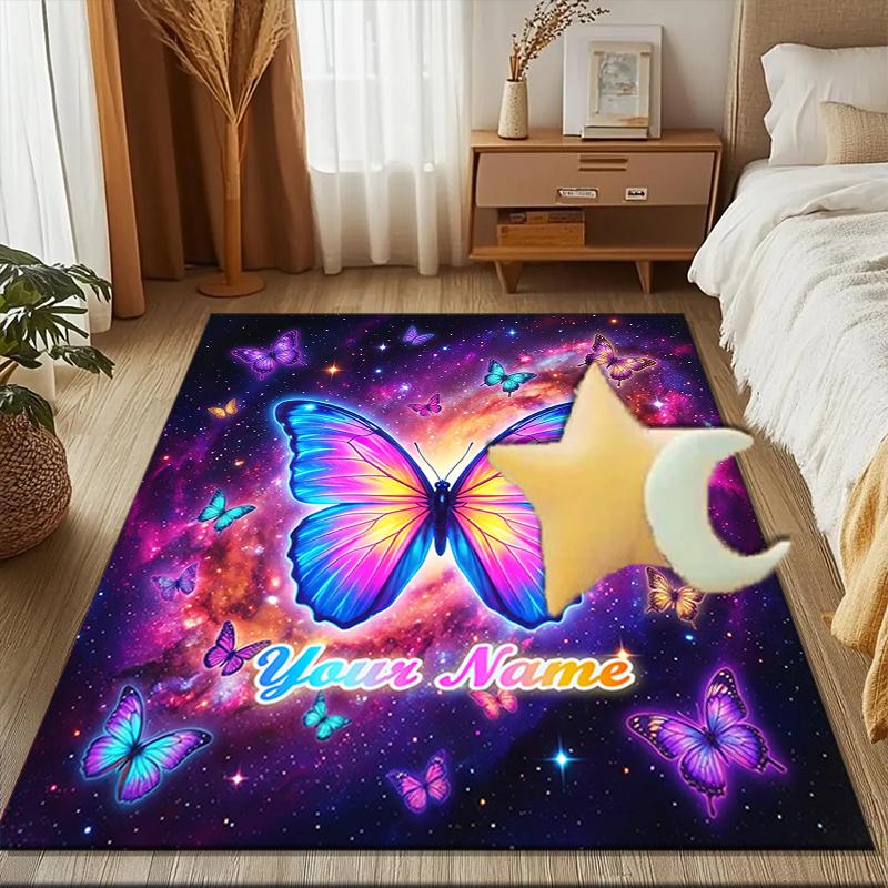 1PC Custom Name Butterfly Dreams Space Theme Floor Mat Ideal for Living Room, Game Rooms, Office, Bedroom, Floor Mat Playful Design
