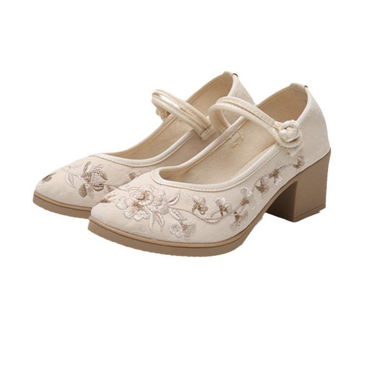 Fashion Women's Summer New Chinese Style Hanfu Shoes Fashion Vintage Flowers Embroidery Round Toe High Heel Cloth Shoes Zapatos De Mujer