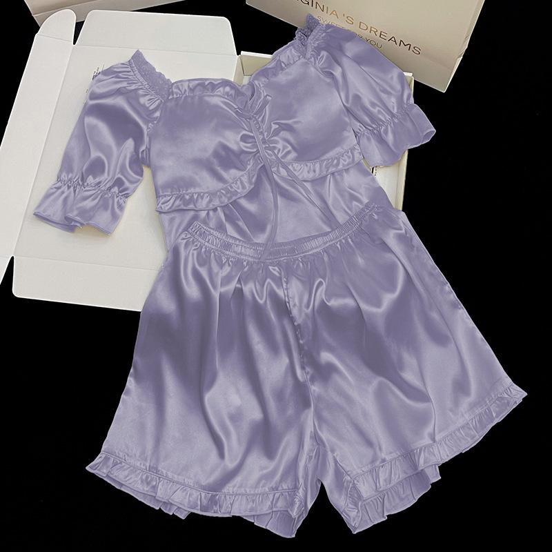 Koszula nocna z krótkim rękawem Damska Jedwab lodowy Letnia Koronka Styl księżniczki Cienka Piżama Zestaw dwuczęściowy Damska