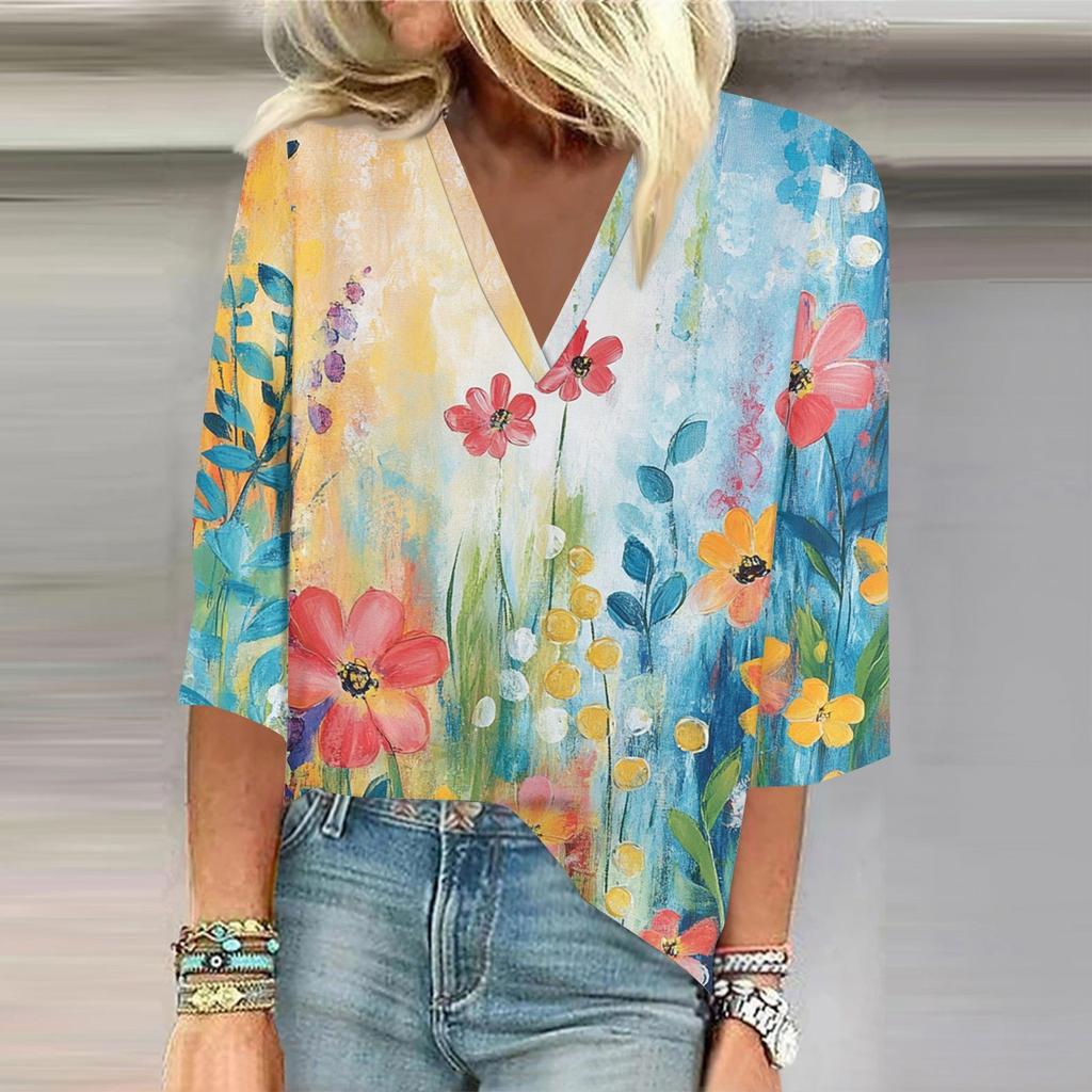 Women's Shirt Blouse Casual Loose Shirts 3/4 Sleeve Print V Neck Tops Print Tops T-shirts Tee