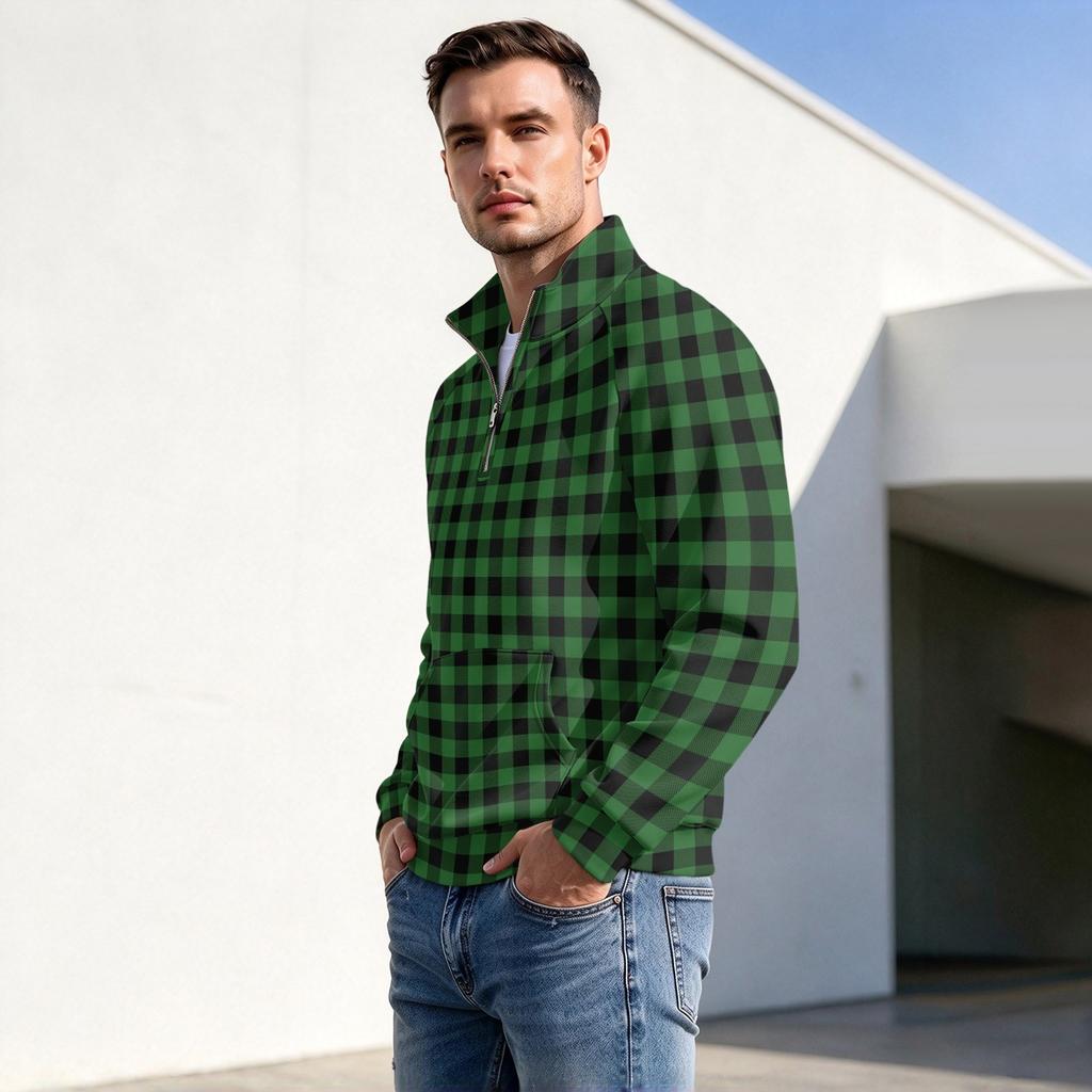 Men's Fall Winter Plaid Print Zip-Up Stand Collar Pullover Casual Wrinkle- Athletic Top