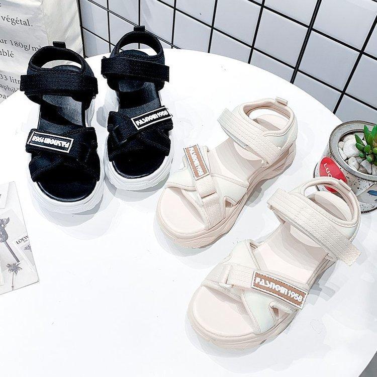 Foreign trade sandals women's rubber muffin heel fabric breathable fashion 2025 summer Velcro sports sandals