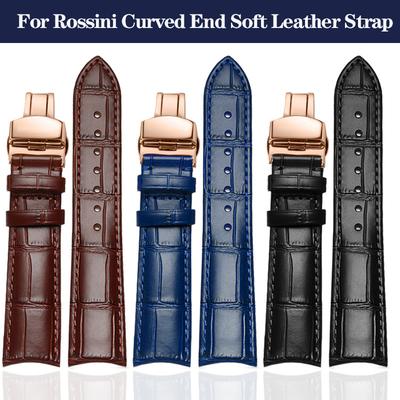 Pulseira de Couro de Vaca com Ponta Curva de 20mm 21mm 22mm para Relógio Rossini Arc Pulseira 8633 617793 5793 5726 616725/5715/6713 AzulMN