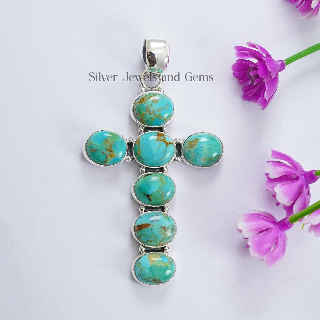 Arizona Turquoise Cross Pendant, 925 Sterling Silver, Handmade Gemstone Jewelry
