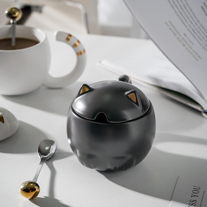 Süße Katze Kaffeetasse Geschenke für Katzenliebhaber Keramiktasse Neuheitstasse mit Deckel und Löffel Weihnachts-Geburtstagsgeschenke Geschenk für Kinder