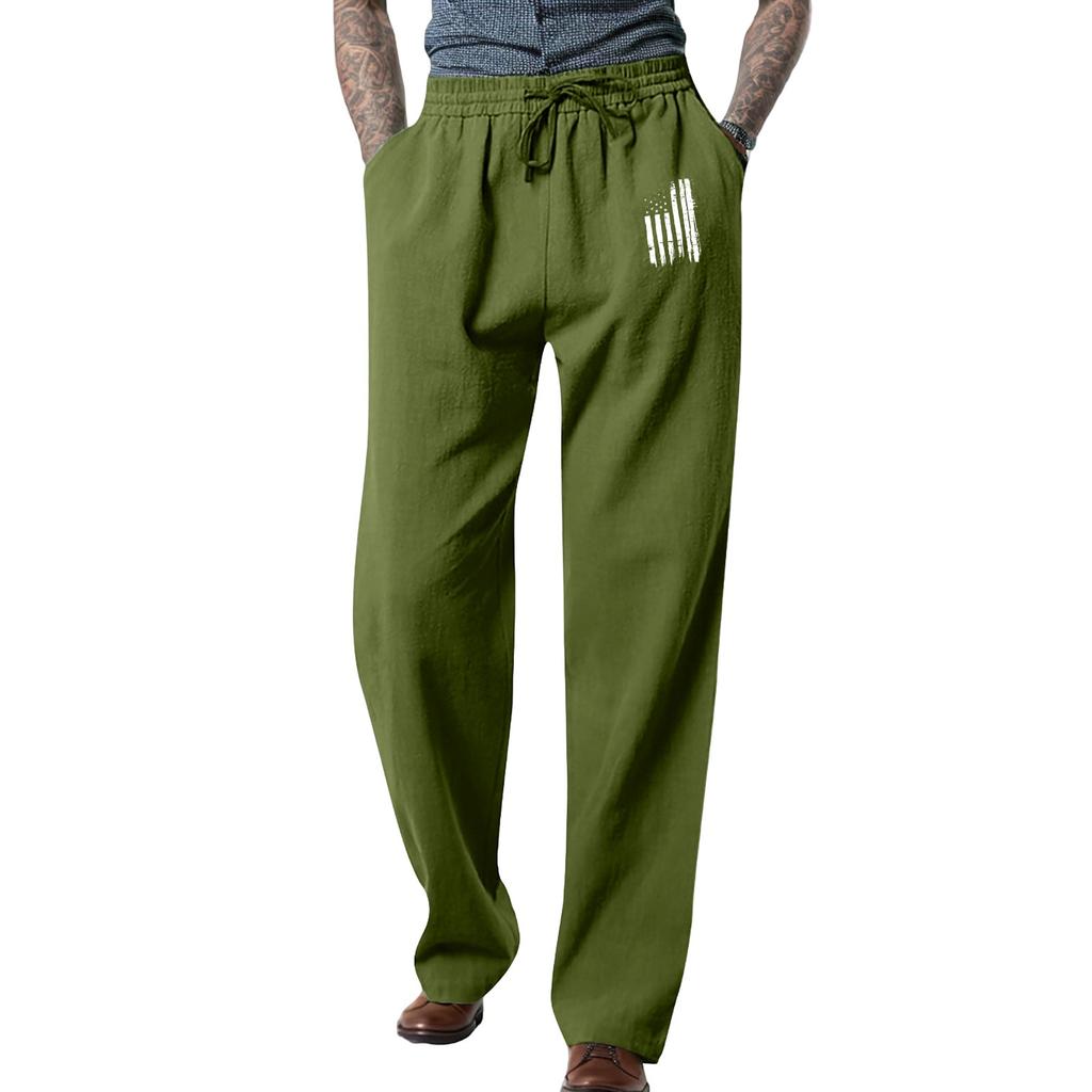 Men's Loose Casual Cotton Linen Trousers Elastic Tie Printed Straight Pants