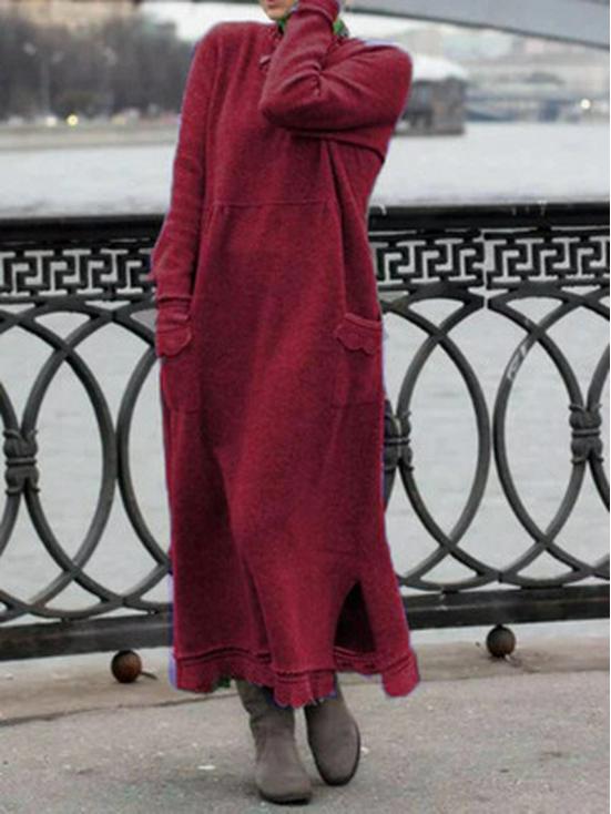 Solid Color Round Neck Loose Lace Plus Size Knitted Pullover Dress