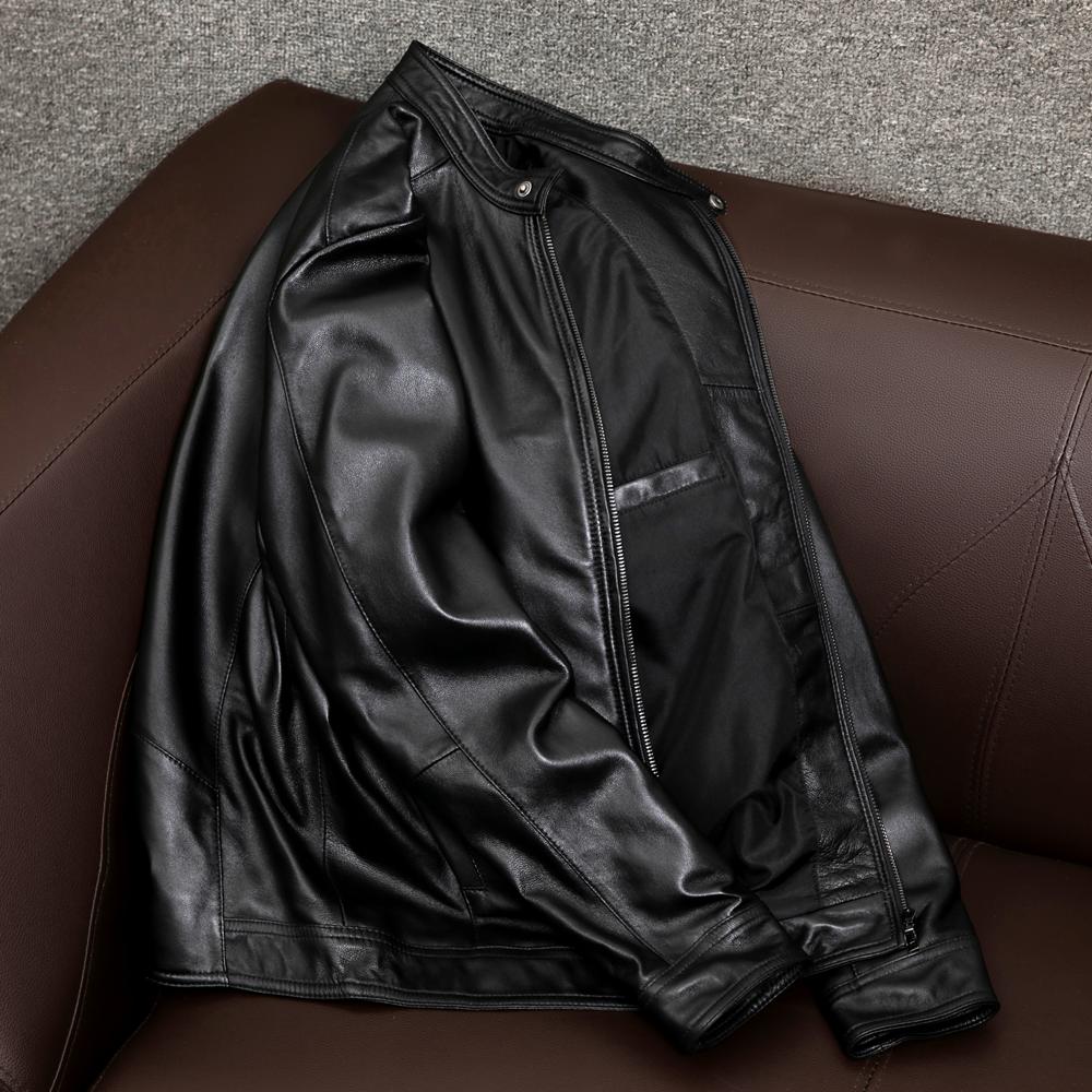 New Mens Genuine Leather Jacket Slim Fit Short Style Sheepskin Coat Autumn Stand Collar Casual Outerwear