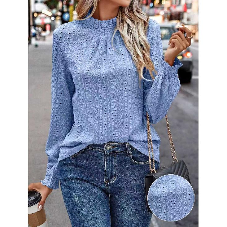 2026 New Women's Solid Color Fashion Versatile Hollow Out Stand Collar Puff Sleeve T-Shirt Casual Top