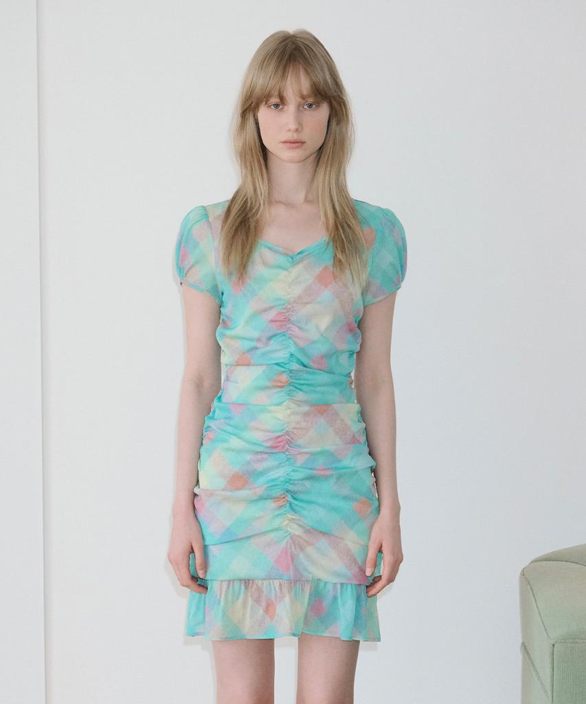 SINOON Check Printed Shirring One-Piece (Mint)