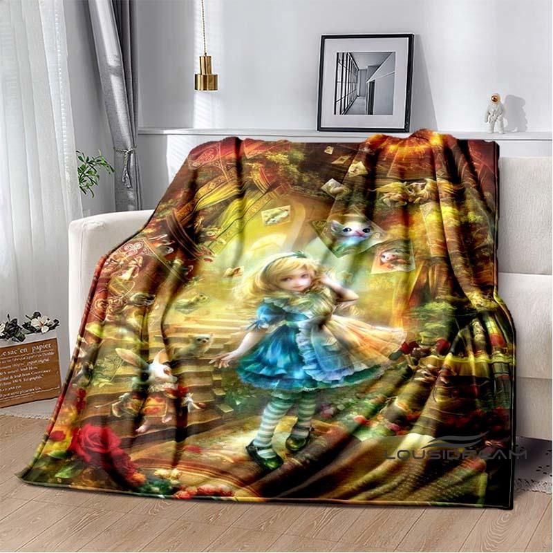 Alice in Wonderland Cartoon Print Plush Blanket, Extra Large Size, Warm and Comfortable, Suitable for Bed and Sofa Decoration.