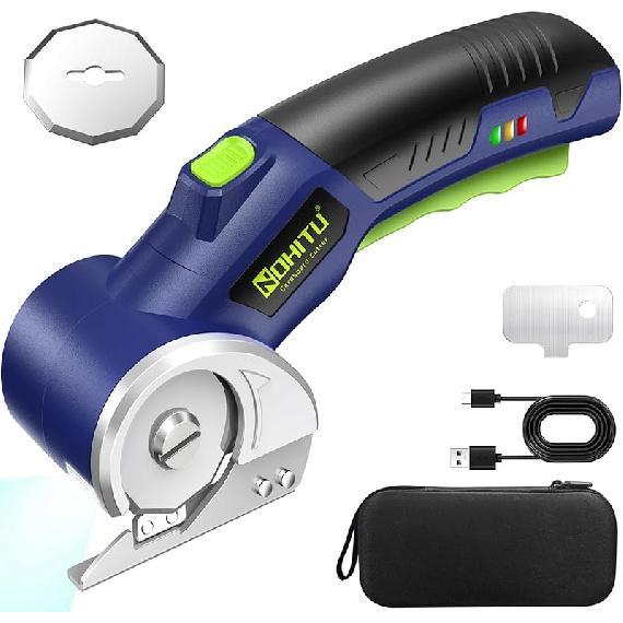 

Беспроводные электрические ножницы: Перезаряжаемый вращающийся резак для картона 4 В, аккумулятор 3000 мАч, со светодиодной подсветкой, 2 лезвия, канцелярский нож для ткани, ковра, картона синий