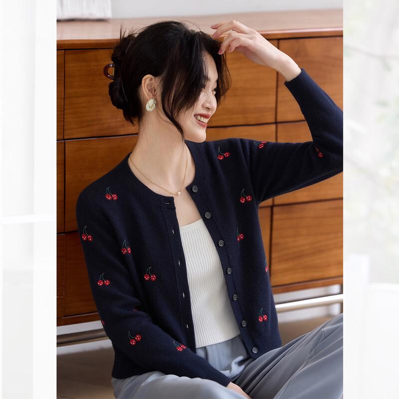 Shexi Women's Pure Cashmere Cherry Jacquard Cardigan