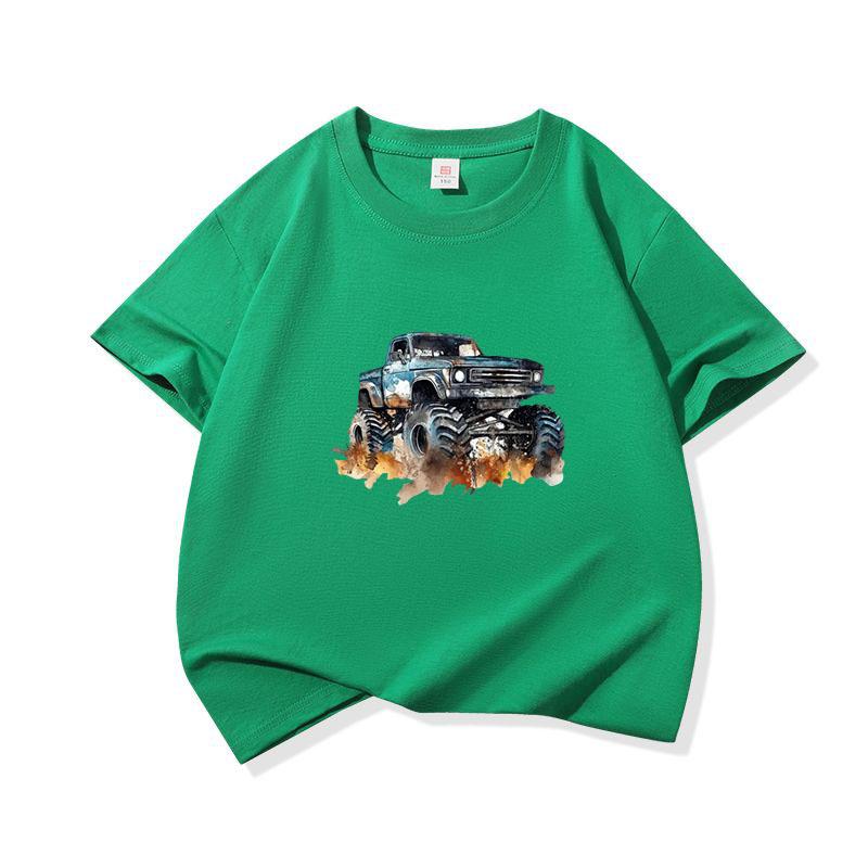 Kids Cotton T Shirt Trendy Watercolor Offroad Car Print Crew Neck Short Sleeve Tee Casual Boys Girls Summer Tops