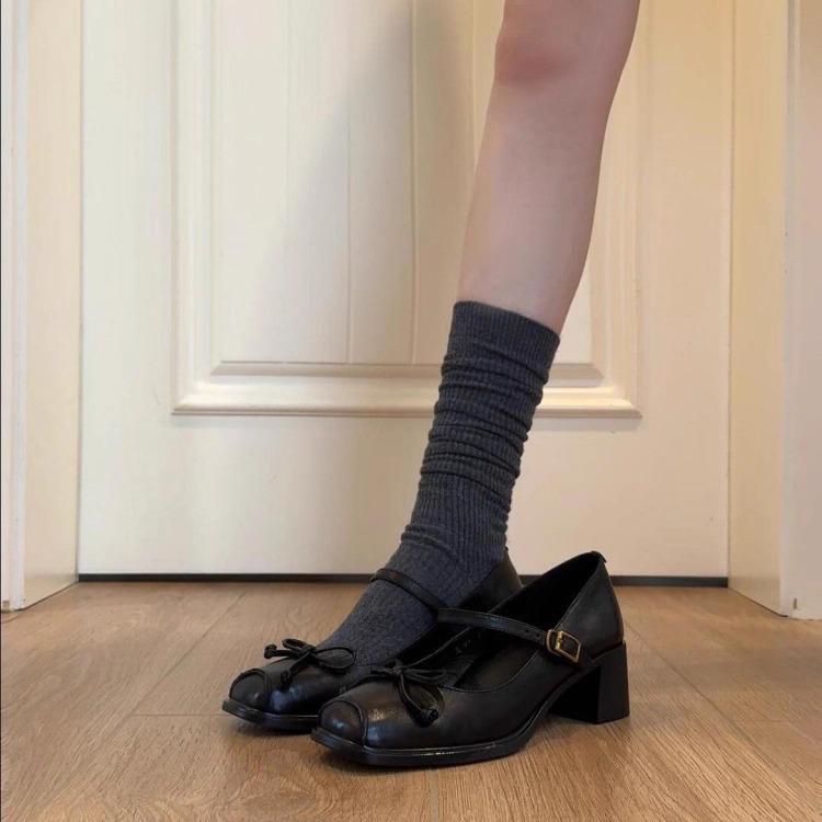 Sheepskin Version~ French Retro Square Head Thick Heel Mary Jane Shoes Women's College Style Is Beautiful and Not Tired Feet Shallow Mouth Small Le