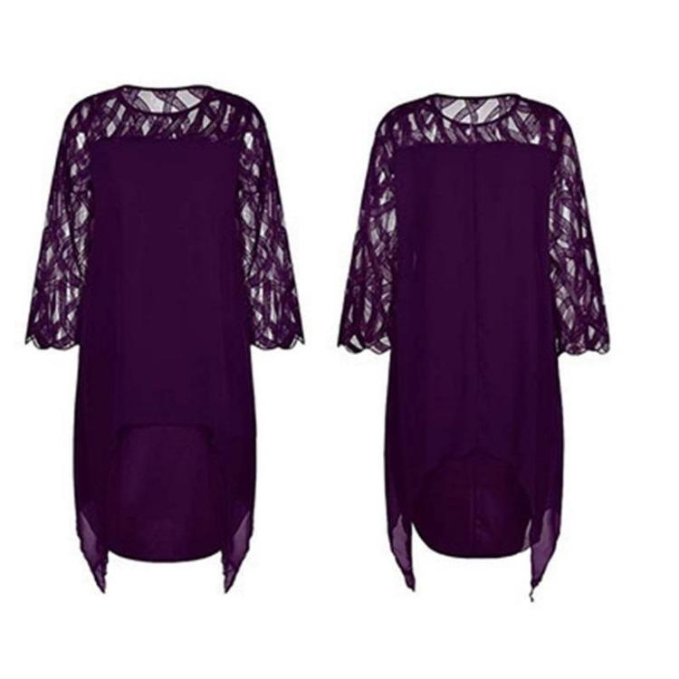 Casual Lace Stitching Chiffon Long Skirt Ladies Loose Dress European American Three Quarter Sleeves Irregular Hem