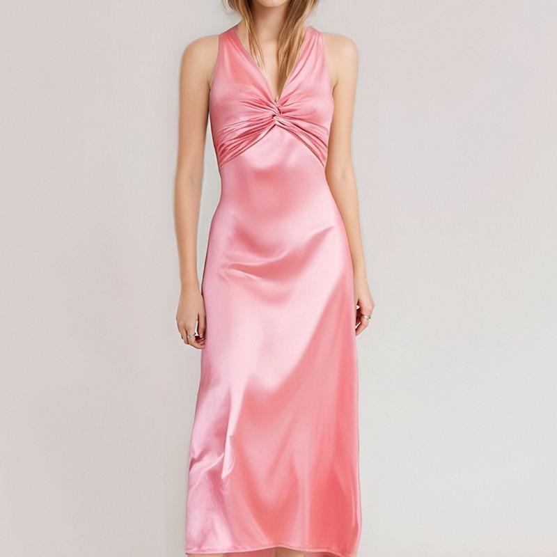 2026 Women s Clothing Elegant Sexy Solid Color V-neck Pleated Slim Dress Small розовый