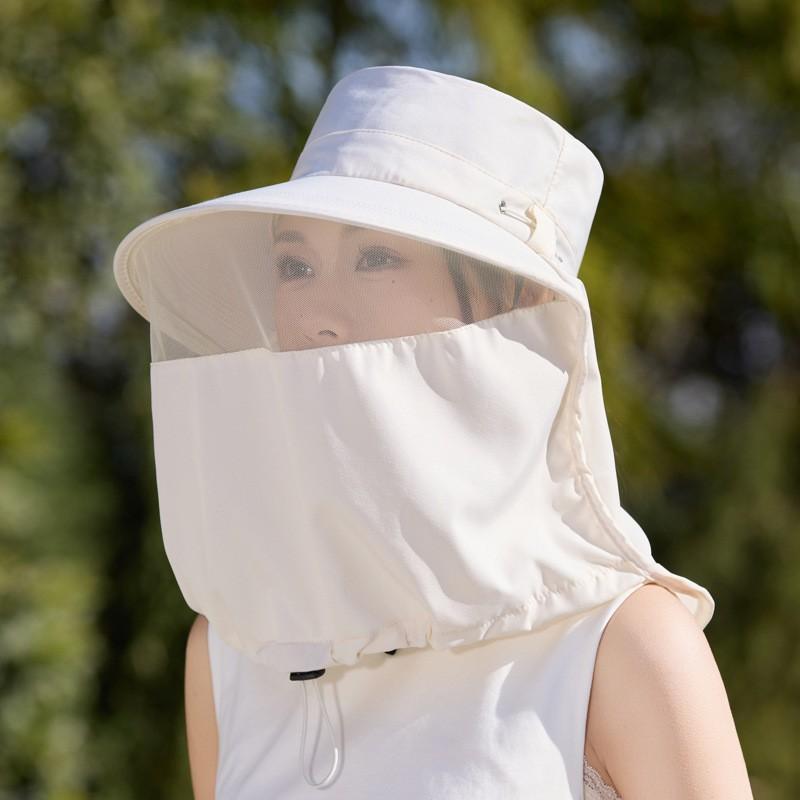 Full face sunscreen large brim shawl sun hat women's neck protector integrated UV protection bucket hat ponytail hat