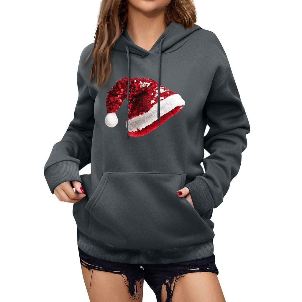 Damen Winter Weihnachten Bedruckter Pullover Kapuzenpullover Fleece Langarm Sweatshirt