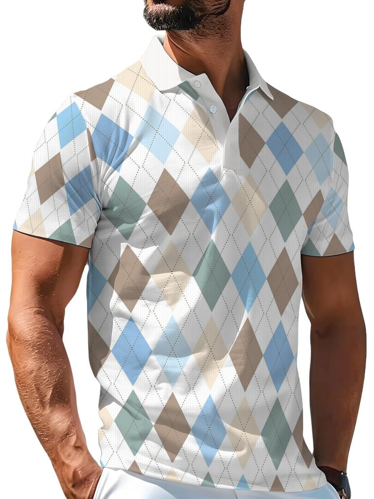 1pc Men'S Short Sleeve Polo Shirt, Multi-Size Available, Collar Button Design, Plaid Print White Lapel Short Sleeve Top, Suitable for Hiking And