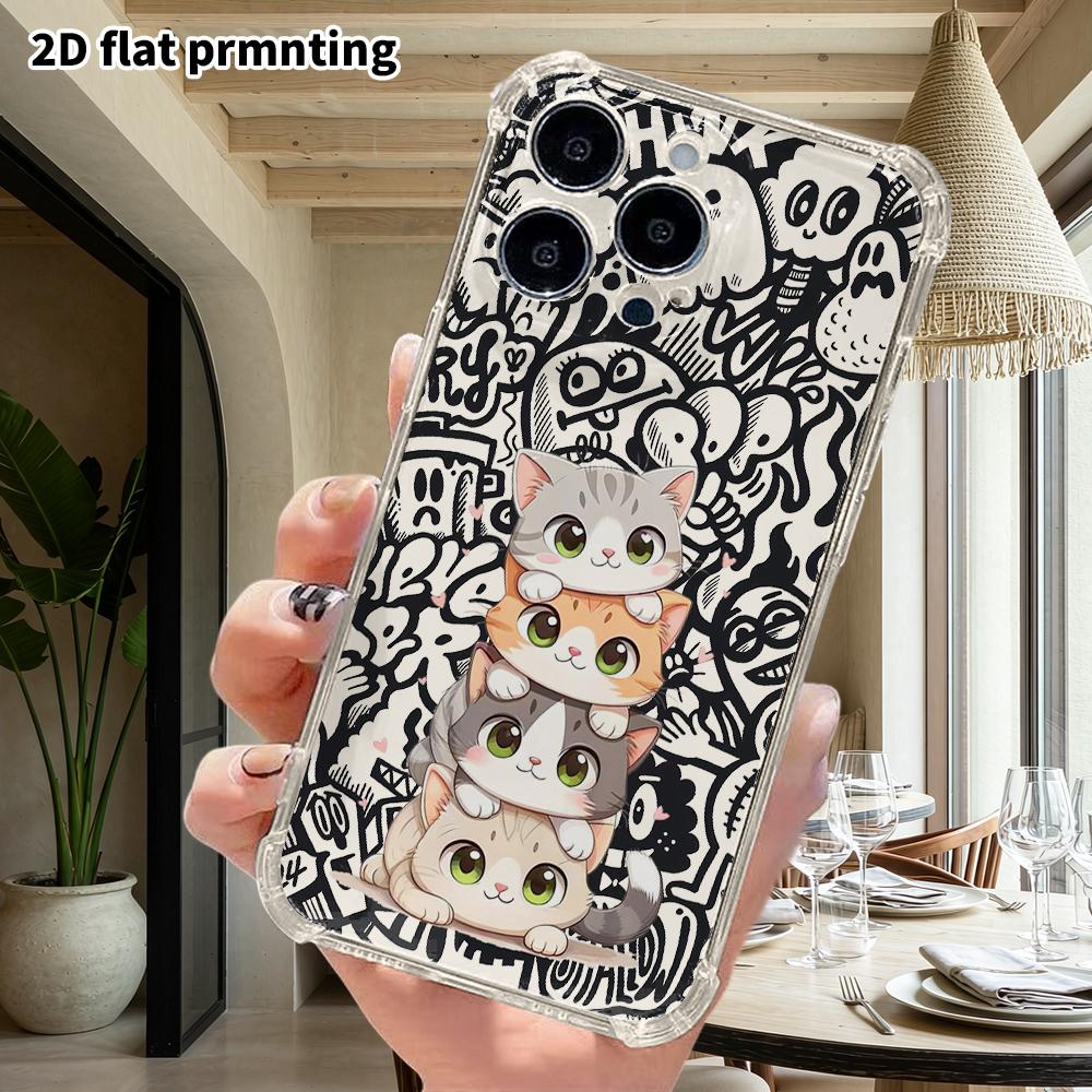Phone Case: 2D Flat Suitable for iPhone 18 17 16 15 14 13 Pro, Transparent Four Corner Protective Case, Dstacking Cat, Christmas and Halloween Gifts