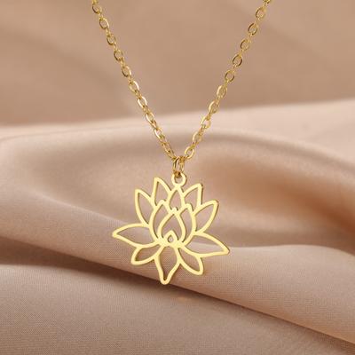 Titanium Steel Cut Lotus Pendant Necklace Women Simple Hollow Floral Jewelry