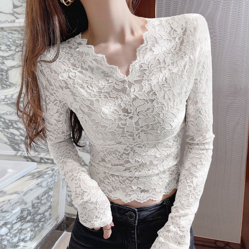 V-neck Lace Undershirt Women's Long Sleeved Low Neck Chiffon Jacket Black Short Mesh Top