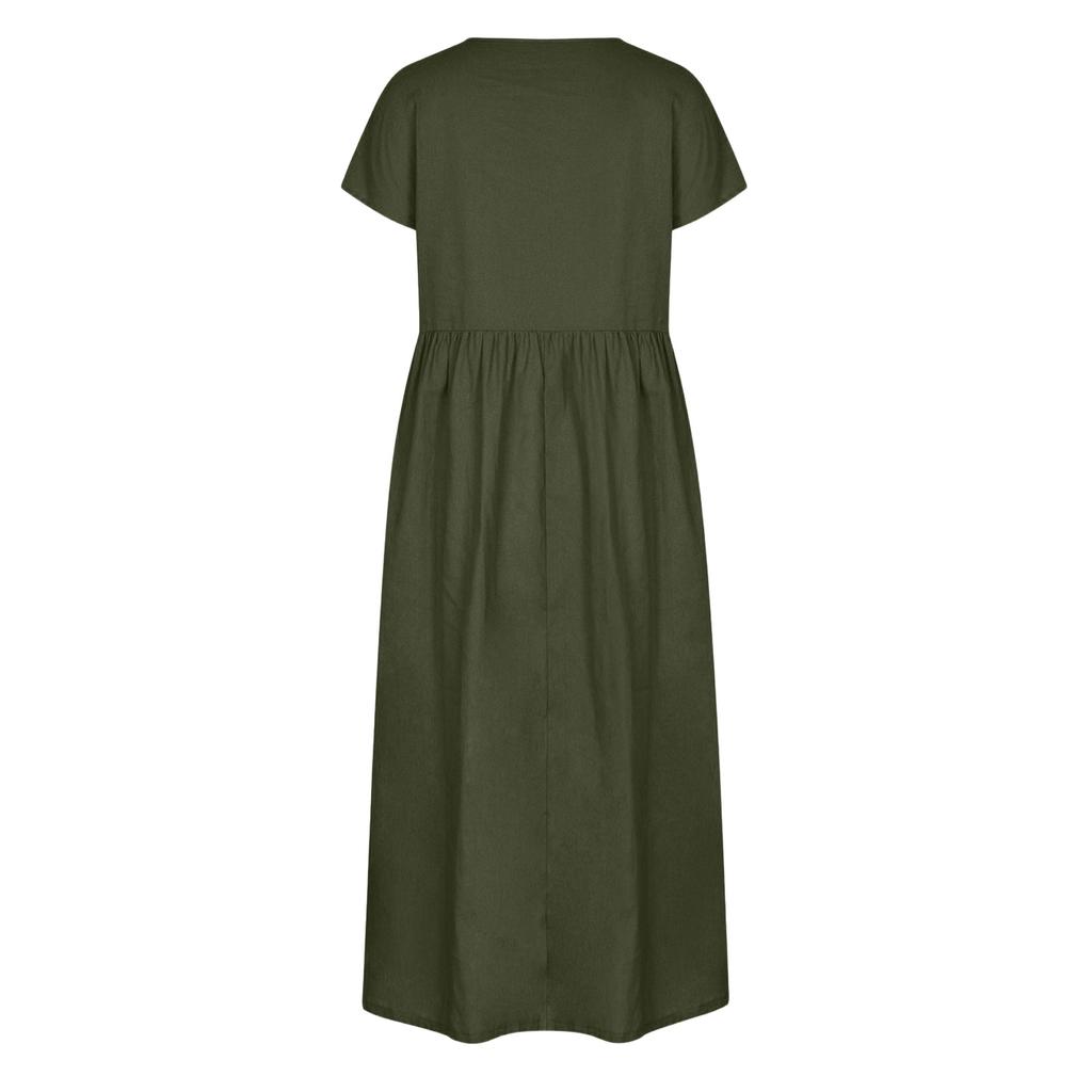 O-Neck Dress For Women Casual Comfy Cotton Linen Short Sleeve Tunic Beach Dresses With Pockets