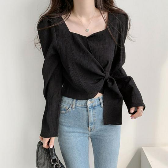 Korean Chic Square Neck Lace-up Long Sleeve Retro Shirt