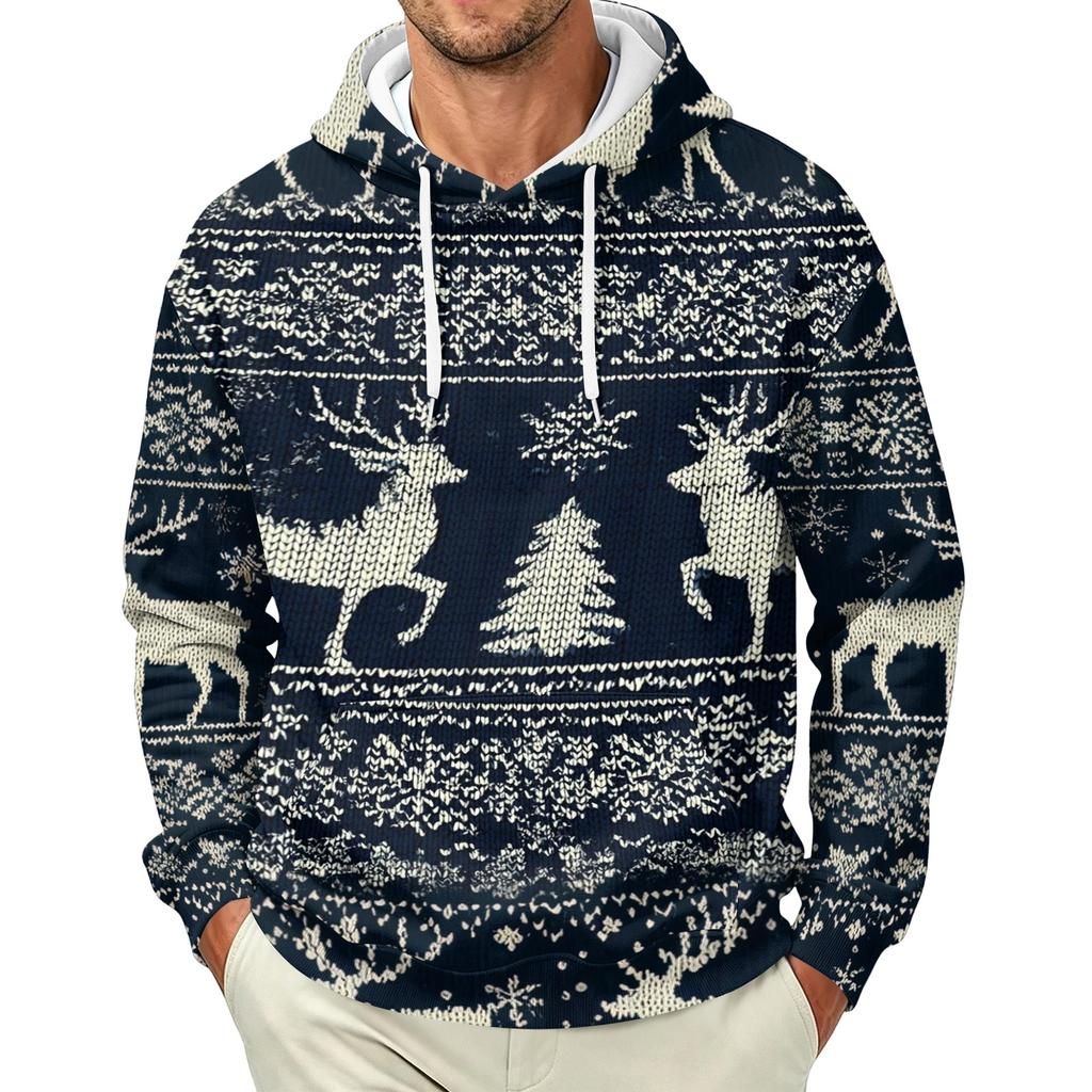 Men's Long Sleeve Christmas Print Pullover Hoodie for Holiday Party and Everyday Wear