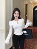 Threaded Plush Fuzzy Patchwork Long Sleeve Hollow Out Women's Slim White T-shirt