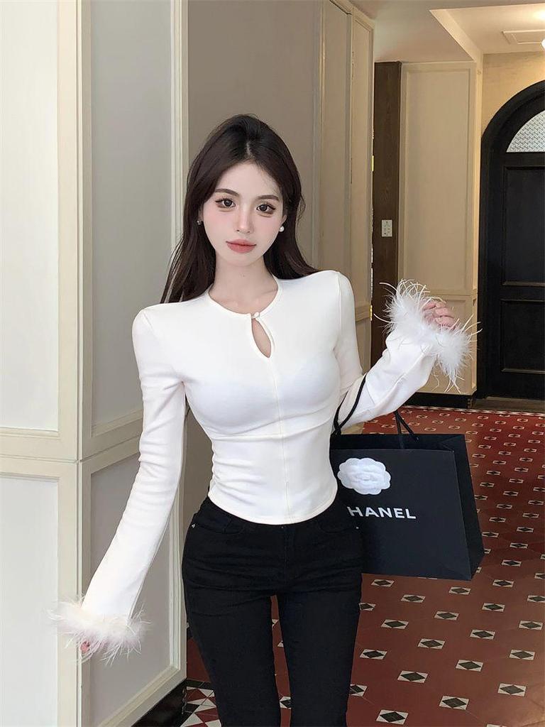Threaded Plush Fuzzy Patchwork Long Sleeve Hollow Out Women's Slim White T-shirt