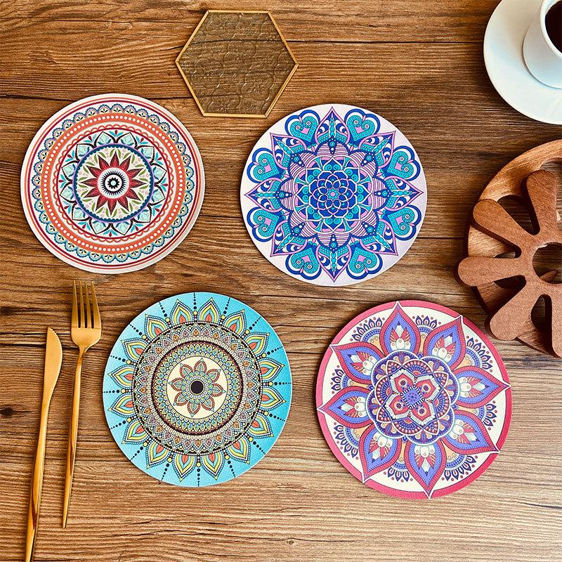 1PCS Round Ethnic Leather Coasters Boho Printed Heat Insulation Antiskid Cup Mats Reusable Drink Pad Tableware Set Kitchen Decor