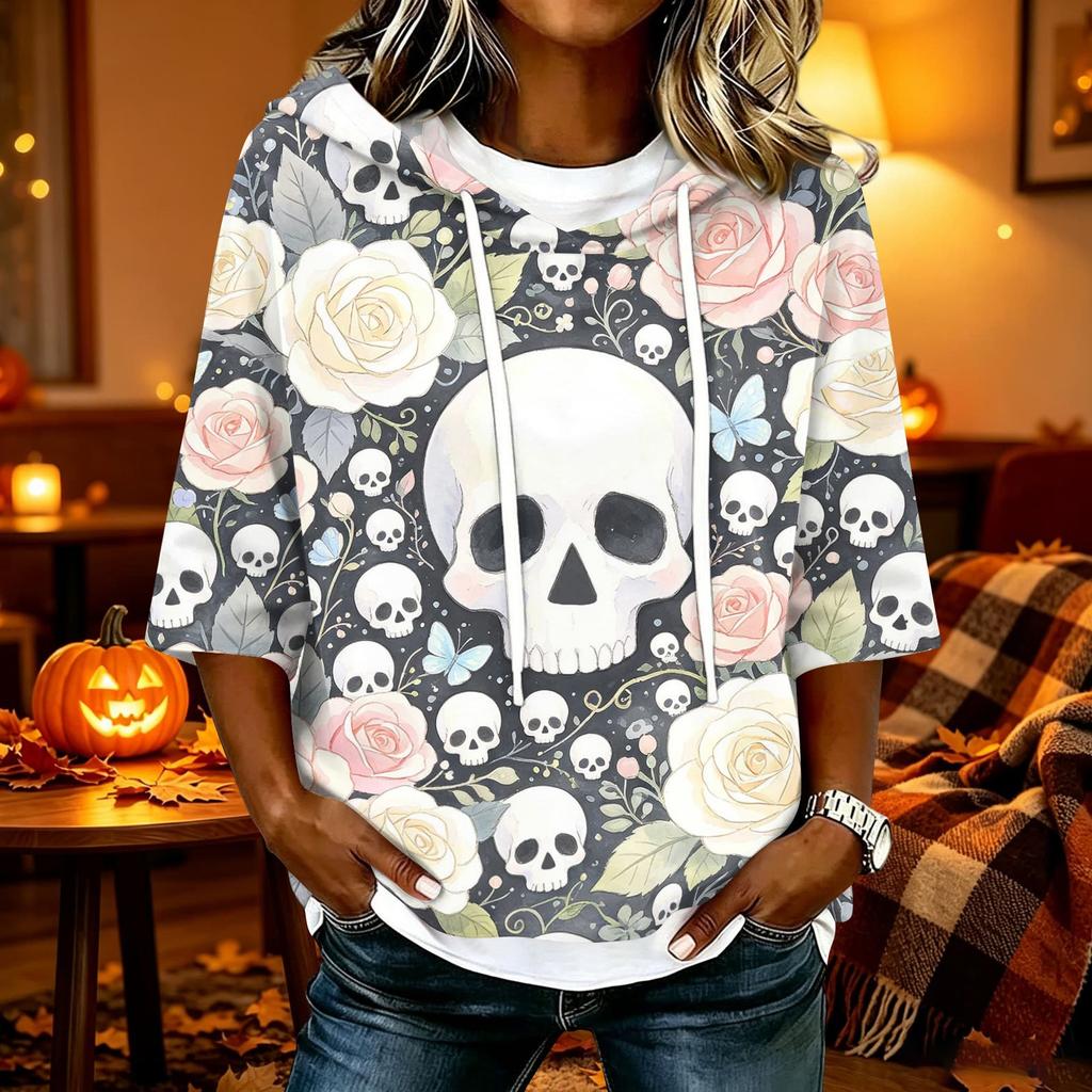 Women's Halloween Print Hooded Top, Loose Fit Casual 3/4 Sleeve Pullover Shirt