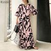 ZANZEA Women Boho Print Loose Casual Round Neck 3/4 Sleeve Long Dress